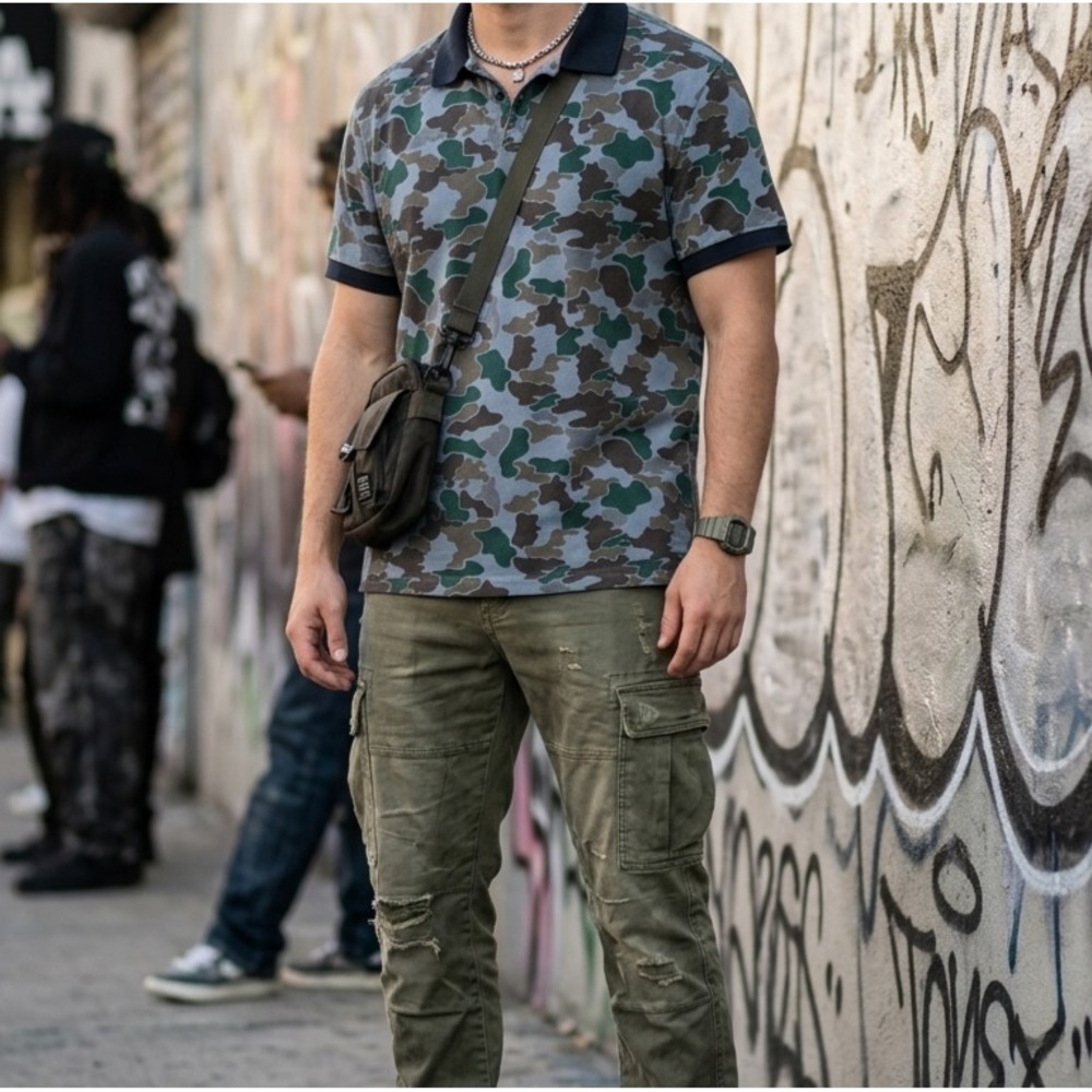 Tre Vero Men's XL Camo Polo Shirt Short Sleeve 100% Cotton Gray Green Brown
